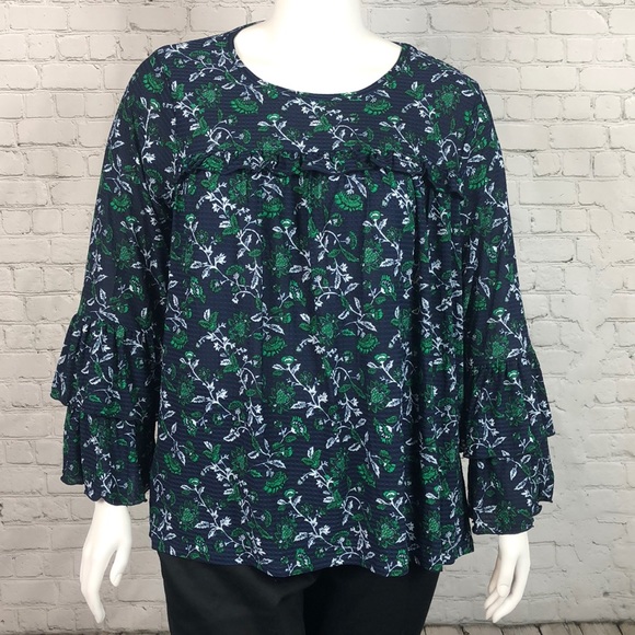 Michael Kors Tops - Michael Kors Navy & Green Ruffle Sleeve Top Sz 3X